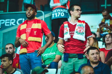 Istanbul, Turkey - August 14, 2019: Liverpool Football fans and spectators during the UEFA Super Cup Finals match between Liverpool and Chelsea at Vodafone Park in Vodafon Arena, Turkey