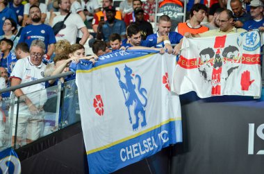 Istanbul, Turkey - August 14, 2019: Chelsea  Football fans and spectators during the UEFA Super Cup Finals match between Liverpool and Chelsea at Vodafone Park in Vodafon Arena, Turkey