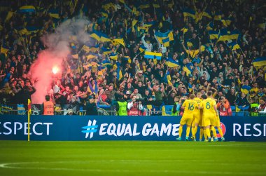 Kyiv, Ukrayna - 14 Ekim 2019: Uefa Euro 2020 ön eleme maçında Ukrayna milli takımı Ukrayna ile Portekiz, Ukrayna maçında atılan golü kutladı