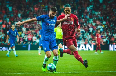 Istanbul, Turkey - August 14, 2019: Olivier Giroud and Virgil van Dijk during the UEFA Super Cup Finals match between Liverpool and Chelsea at Vodafone Park in Vodafone Arena, Turkey