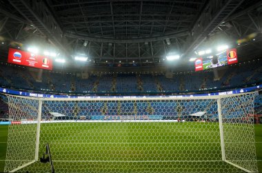 SAINT-PETERSBURG, RUSSIA - November 16, 2019: General view of the Gazprom Arena stadium behind the gate during UEFA EURO 2020 qualifying match between national team Russia against Belgium, Russia