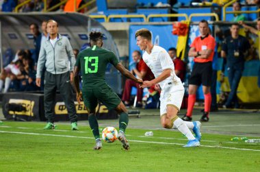 DNIPRO, UKRAINE - September 10, 2019: Samuel Chukwueze player during the friendly match between national team Ukraine against Nigeria national team, Ukraine