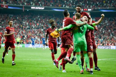 Istanbul, Turkey - August 14, 2019: Liverpool  players celebrates victory in UEFA Super Cup during the UEFA Super Cup Finals match between Liverpool and Chelsea at Vodafone Park, Turkey