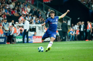 Istanbul, Turkey - August 14, 2019: Cesar Azpilicueta player during the UEFA Super Cup Finals match between Liverpool and Chelsea at Vodafone Park in Vodafone Arena, Turkey