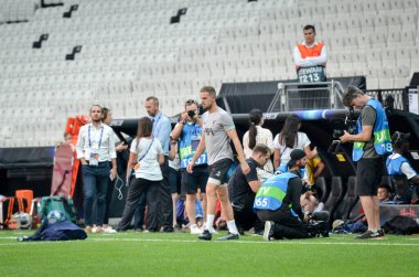 İstanbul, Türkiye - 14 Ağustos 2019: Liverpool futbolcuları Uefa Süper Kupası Finalleri öncesinde Vodafone Arena, Türkiye 'deki Vodafone Park' ta Liverpool ve Chelsea arasında oynanan karşılaşma öncesi antrenman oturumu