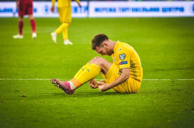 Kyiv, Ukrayna - 14 Ekim 2019: Ukrayna Millî Futbol Takımı Portekiz 'e karşı kazanılan zaferi ve 2020 Euro ödüllü Uefa Euro 2020 ön eleme karşılaşmasında birinciliği kutladı, Ukrayna
