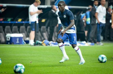 Istanbul, Turkey - August 14, 2019: N'Golo Kante player during the UEFA Super Cup Finals match between Liverpool and Chelsea in Vodafone Arena stadium, Turkey