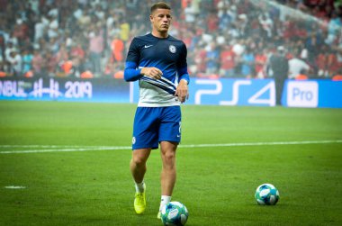 İstanbul, Türkiye - 14 Ağustos 2019: Ross Barkley Türkiye 'nin Vodafone Arena stadyumunda Liverpool ile Chelsea arasında oynanan Uefa Süper Kupası Finalleri' nde oynadı.