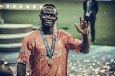 İstanbul, Türkiye - 14 Ağustos 2019: Türkiye 'nin Vodafone Arena kentindeki Vodafone Park' ta Liverpool ile Chelsea arasında oynanan Uefa Süper Kupası Finalleri 'nde Sadio Mane oyuncusu