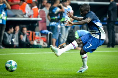 Istanbul, Turkey - August 14, 2019: N'Golo Kante player during the UEFA Super Cup Finals match between Liverpool and Chelsea in Vodafone Arena stadium, Turkey