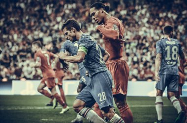 Istanbul, Turkey - August 14, 2019: Cesar Azpilicueta and Virgil van Dijk during the UEFA Super Cup Finals match between Liverpool and Chelsea at Vodafone Park in Vodafone Arena, Turkey