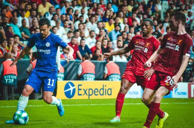 Istanbul, Turkey - August 14, 2019: Pedro and Georginio Wijnaldum during the UEFA Super Cup Finals match between Liverpool and Chelsea at Vodafone Park in Vodafone Arena, Turkey