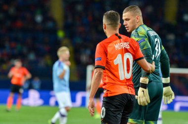 KHARKIV, UKRAINE - September 18, 2019: Ederson and Junior Moraes during the UEFA Champions League match between Shakhtar vs Manchester City (England), Ukraine