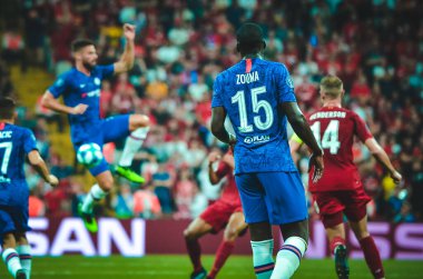 Istanbul, Turkey - August 14, 2019: Kurt Zouma player during the UEFA Super Cup Finals match between Liverpool and Chelsea at Vodafone Park in Vodafone Arena, Turkey