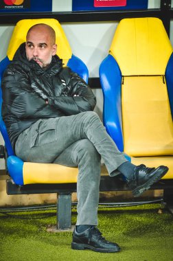 KHARKIV, UKRAINE - September 18, 2019: Pep Guardiola coach during the UEFA Champions League match between Shakhtar Donetsk vs Manchester City (England), Ukraine