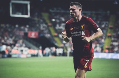 Istanbul, Turkey - August 14, 2019: James Milner during the UEFA Super Cup Finals match between Liverpool and Chelsea at Vodafone Park in Vodafone Arena, Turkey