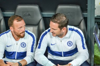 Istanbul, Turkey - August 14, 2019: Coach Frank Lampard with referee during the UEFA Super Cup Finals match between Liverpool and Chelsea at Vodafone Park in Vodafone Arena, Turkey