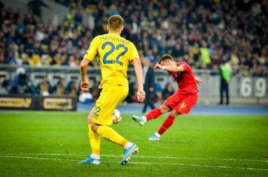 Kyiv, Ukrayna - 14 Ekim 2019: Uefa Euro 2020 ön eleme karşılaşmasında Ukrayna milli takımı Ukrayna milli takımı Ukrayna ile oynanan karşılaşmada Mykola Matviienko oyuncusu