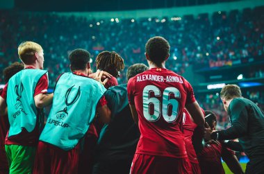 Istanbul, Turkey - August 14, 2019: Trent Alexander-Arnold celebrate victory in UEFA Super Cup Finals match  during the UEFA Super Cup Finals match between Liverpool and Chelsea, Turkey