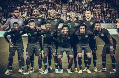 DNIPRO, UKRAINE - September 10, 2019: The starting lineup of the national team of Nigeria during the friendly match between national team Ukraine against Nigeria national team, Ukraine