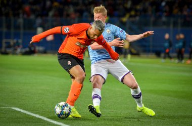 KHARKIV, UKRAINE - September 18, 2019: Kevin De Bruyne and Marlos during the UEFA Champions League match between Shakhtar vs Manchester City (England), Ukraine