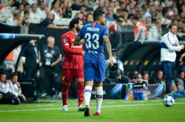 Istanbul, Turkey - August 14, 2019:  Emerson and Mohamed Salah during the UEFA Super Cup Finals match between Liverpool and Chelsea at Vodafone Park in Vodafone Arena, Turkey