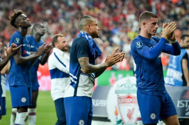 Istanbul, Turkey - August 14, 2019: Chelsea Football player thanks fans or their support during the UEFA Super Cup Finals match between Liverpool and Chelsea at Vodafone Park, Turkey