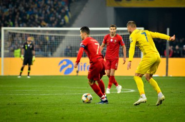 Kyiv, Ukrayna - 14 Ekim 2019: Uefa Euro 2020 ön eleme maçında Ukrayna milli takımı Ukrayna ile Ukrayna milli takımı arasında oynanan Cristiano Ronaldo