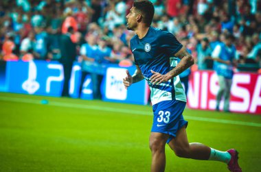 Istanbul, Turkey - August 14, 2019: Emerson during the UEFA Super Cup Finals match between Liverpool and Chelsea in Vodafon Arena stadium, Turkey