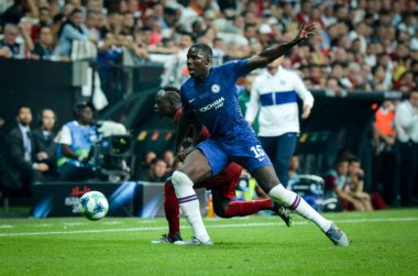 Istanbul, Turkey - August 14, 2019: Sadio Mane and Kurt Zouma during the UEFA Super Cup Finals match between Liverpool and Chelsea at Vodafone Park in Vodafone Arena, Turkey