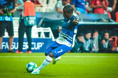 Istanbul, Turkey - August 14, 2019: N'Golo Kante player during the UEFA Super Cup Finals match between Liverpool and Chelsea in Vodafone Arena stadium, Turkey