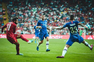 Istanbul, Turkey - August 14, 2019: Mohamed Salah and Emerson player during the UEFA Super Cup Finals match between Liverpool and Chelsea at Vodafone Park in Vodafone Arena, Turkey
