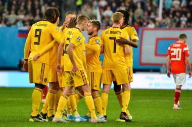 SAINT-PETERSBURG, RUSSIA - November 16, 2019: Belgium national team celebrate goal scored during UEFA EURO 2020 qualifying match between Russia against Belgium team, Russia