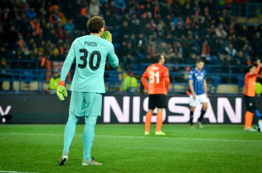 KHARKIV, UKRAINE - December 11, 2019: Pyatov player during the UEFA Champions League match between Shakhtar vs Atalanta Bergamasca Calcio BC (Italy), Ukraine