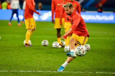 SAINT-PETERSBURG, RUSSIA - November 16, 2019: Dries Mertens and  Belgium national football team training session during UEFA EURO 2020 qualifying match between Russia against Belgium, Russia
