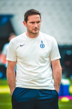 İstanbul, Türkiye - 14 Ağustos 2019: Vodafone Arena, Türkiye 'deki Vodafone Park' ta Liverpool ile Chelsea arasında oynanan Uefa Süper Kupası Finalleri öncesinde teknik direktör Frank Lampard