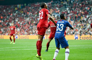 Istanbul, Turkey - August 14, 2019: Emerson and Joel Matip during the UEFA Super Cup Finals match between Liverpool and Chelsea at Vodafone Park in Vodafone Arena, Turkey