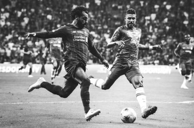 Istanbul, Turkey - August 14, 2019: Mohamed Salah and Emerson during the UEFA Super Cup Finals match between Liverpool and Chelsea at Vodafone Park in Vodafone Arena, Turkey