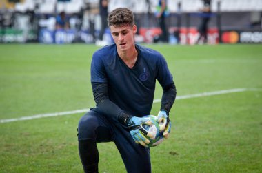 İstanbul, Türkiye - 14 Ağustos 2019: Kepa Arrizabalaga ve Uefa Süper Kupası Finalleri öncesinde Türkiye 'nin Vodafone Park kentinde Liverpool ve Chelsea arasında oynanan karşılaşma öncesi oyuncu antrenman oturumu