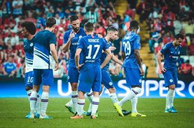 Istanbul, Turkey - August 14, 2019: Chelsea player  during half-time break during the UEFA Super Cup Finals match between Liverpool and Chelsea at Vodafone Park in Vodafone Arena, Turkey