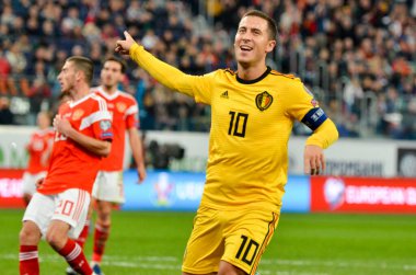 SAINT-PETERSBURG, RUSSIA - November 16, 2019: Eden Hazard celebrate goal scored during UEFA EURO 2020 qualifying match between national team Russia against Belgium, Russia