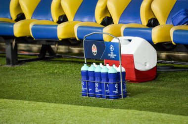 KHARKIV, UKRAINE - September 18, 2019: Water flask for soccer players during the UEFA Champions League match between Shakhtar Donetsk vs Manchester City (England), Ukraine