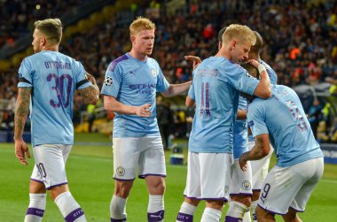 Kharkiv, Ukrayna - 18 Eylül 2019: Manchester City, Uefa Şampiyonlar Ligi maçında attığı golü kutladı