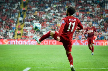 Istanbul, Turkey - August 14, 2019: Mohamed Salah player during the UEFA Super Cup Finals match between Liverpool and Chelsea at Vodafone Park in Vodafone Arena, Turkey
