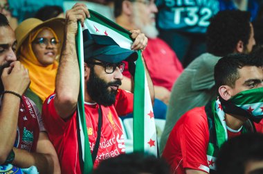 Istanbul, Turkey - August 14, 2019: Liverpool Football fans and spectators during the UEFA Super Cup Finals match between Liverpool and Chelsea at Vodafone Park in Vodafon Arena, Turkey