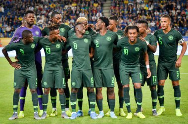 DNIPRO, UKRAINE - September 10, 2019: The starting lineup of the national team of Nigeria during the friendly match between national team Ukraine against Nigeria national team, Ukraine