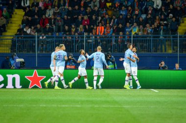 KHARKIV, UKRAINE - September 18, 2019: Manchester City player celebrate goal scored during the UEFA Champions League match between Shakhtar vs Manchester City, Ukraine