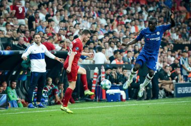 Istanbul, Turkey - August 14, 2019: Andrew Robertson and Kurt Zouma during the UEFA Super Cup Finals match between Liverpool and Chelsea at Vodafone Park in Vodafone Arena, Turkey