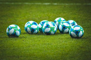 İstanbul, Türkiye - 14 Ağustos 2019: Şampiyonlar Ligi resmi futbol topu, Liverpool ile Chelsea arasında Türkiye 'nin Vodafone Park kentinde oynanan Uefa Süper Kupa Finalleri öncesinde detal ile kapanış yaptı