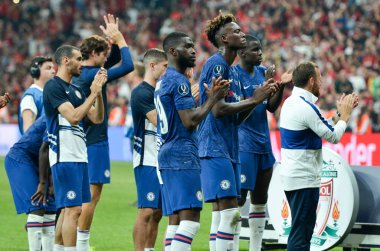 Istanbul, Turkey - August 14, 2019: Chelsea Football player thanks fans or their support during the UEFA Super Cup Finals match between Liverpool and Chelsea at Vodafone Park, Turkey